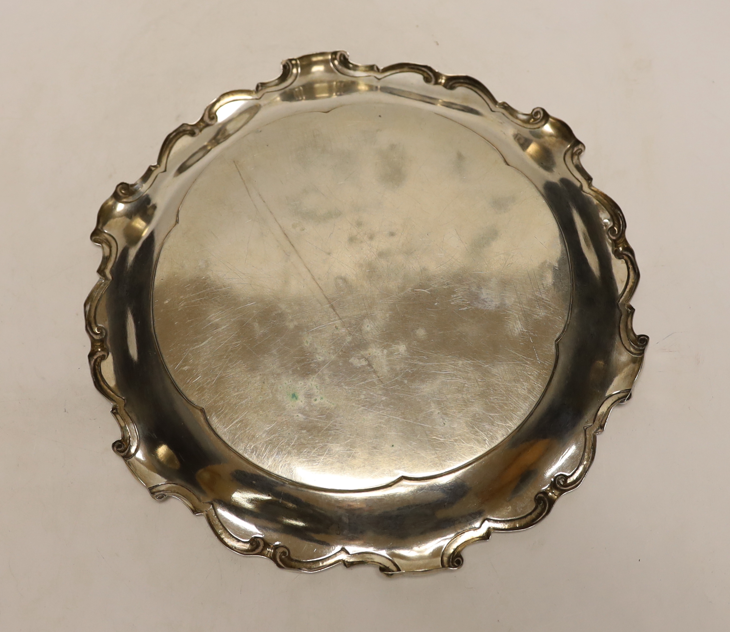A late 19th/early 20th century Austro-Hungarian 800 standard white metal shaped circular dish, 27.5cm, 13.1oz.